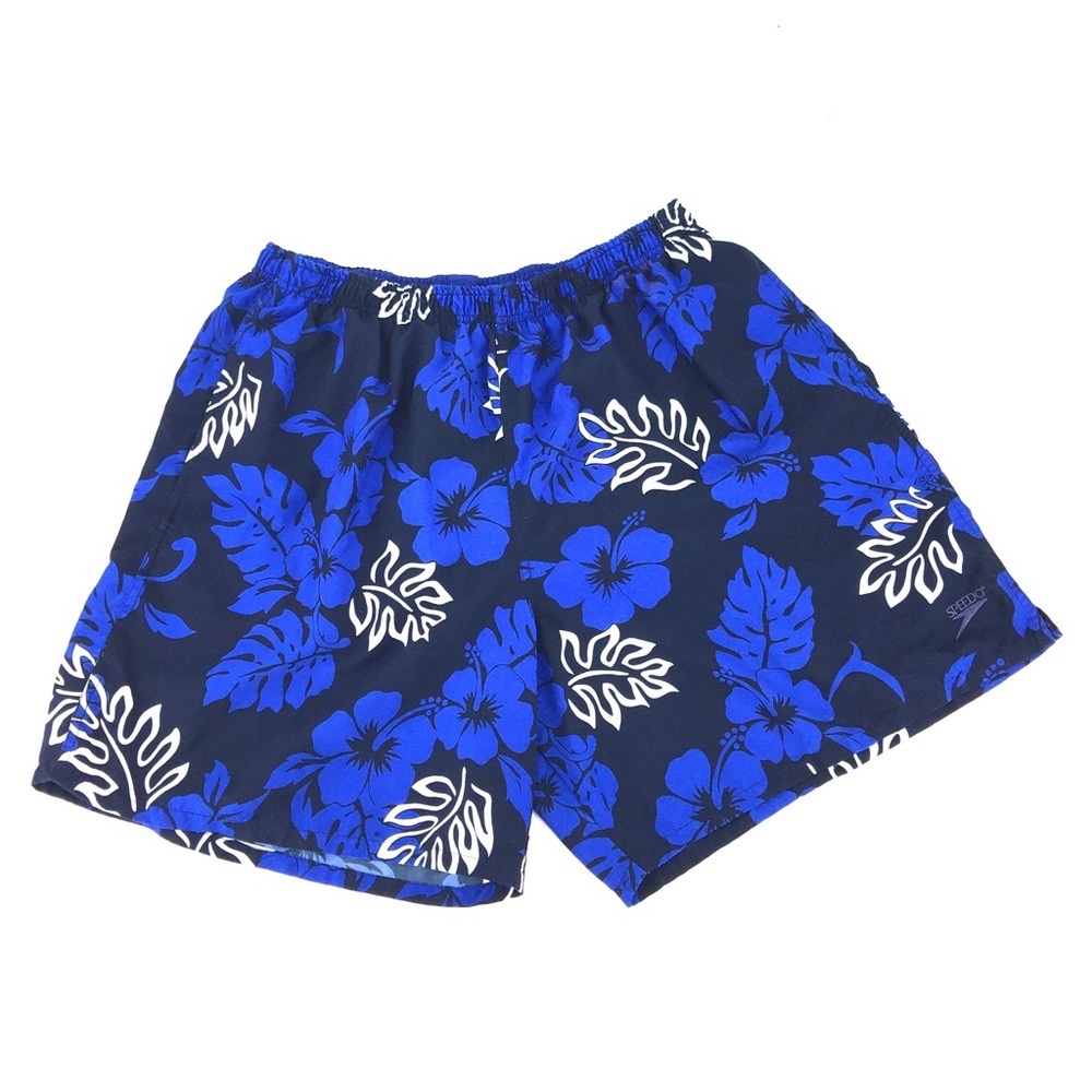 Speedo Hawaiian Blue Swim Trunks Hibiscus Beach Tropical Palm Leaves size XL
